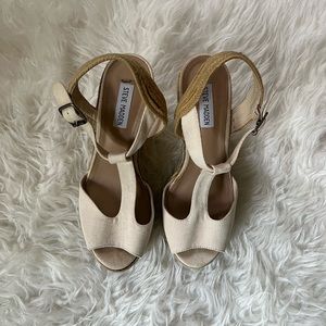 Canvas and Straw Wedge Sandals
